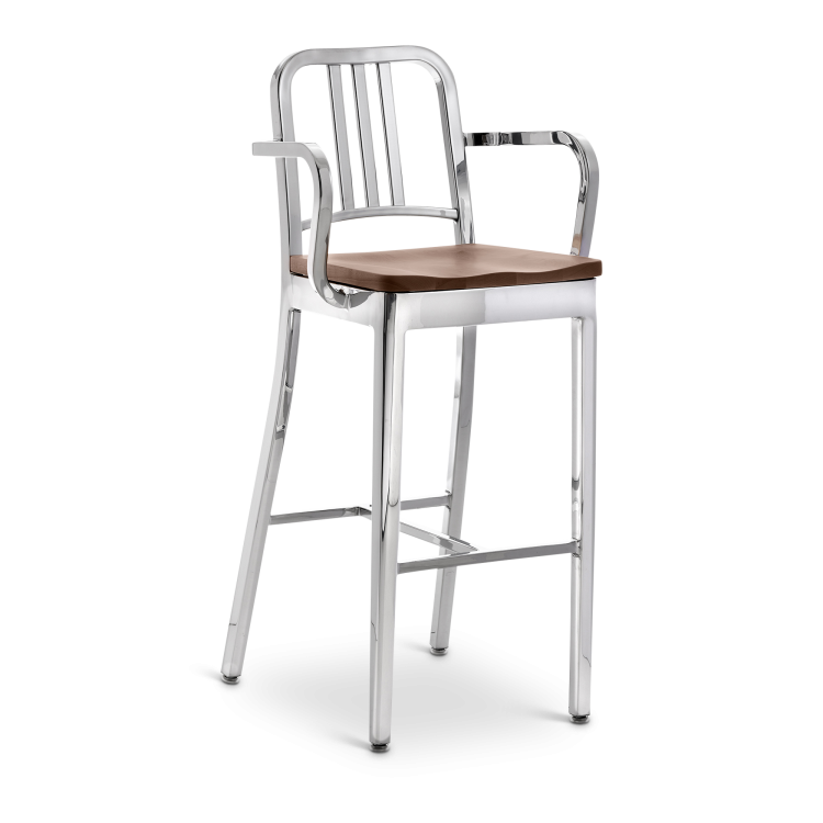 1104 Navy Barstool with Arms and Natural Wood Seat