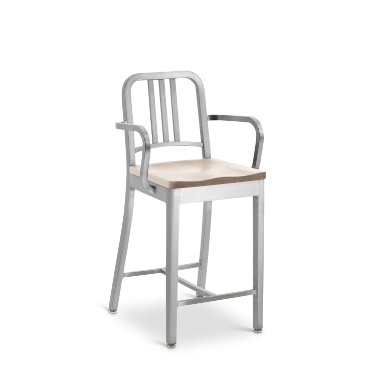1104 Navy Counter Stool with Arms and Natural Wood Seat