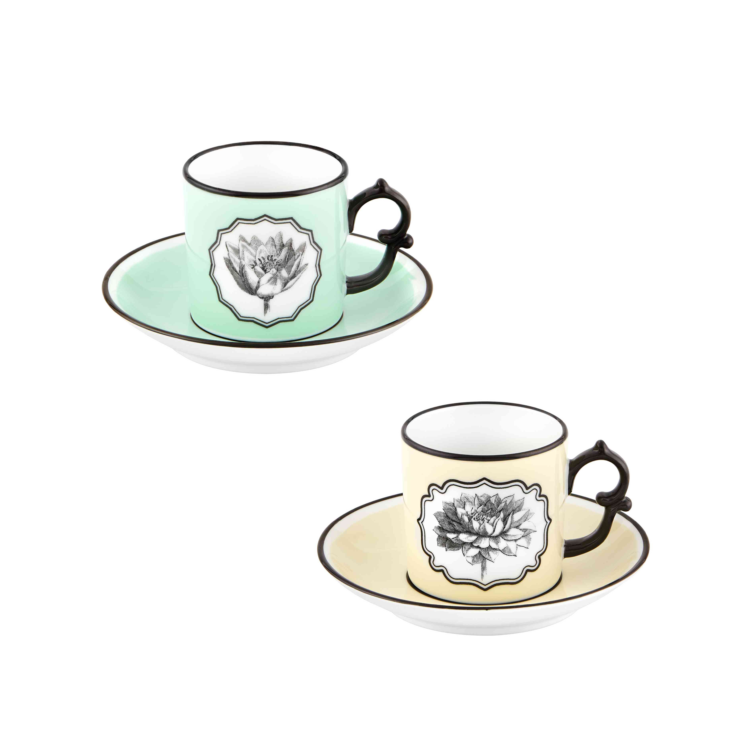 Herbariae Coffee Cup and Saucer Set of 2, Green and Yellow