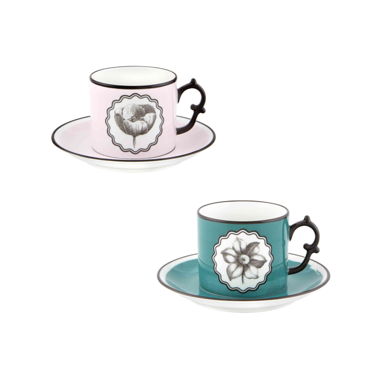 Herbariae Tea Cup and Saucer Set of 2, Pink and Peacock