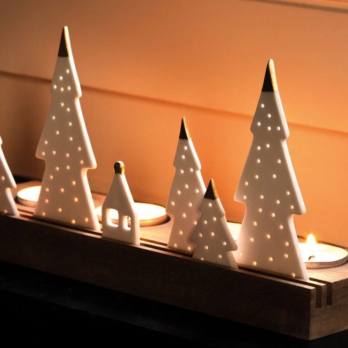 Porcelain & Wood Holiday Fir Tree Tealight Holder Set - Gessato Design Store