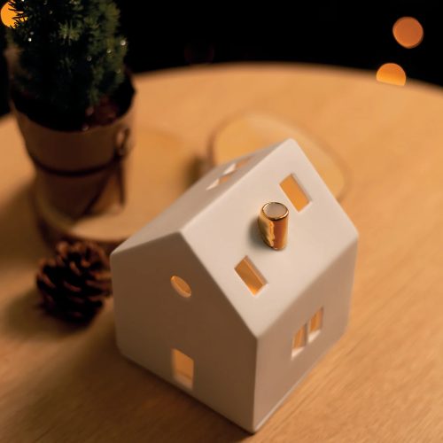 Porcelain Village House Candleholder - Gold Chimney - Gessato Design Store