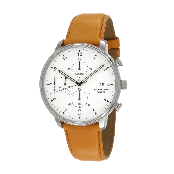 Issey Miyake C White Chronograph Watch, Tan Leather-0