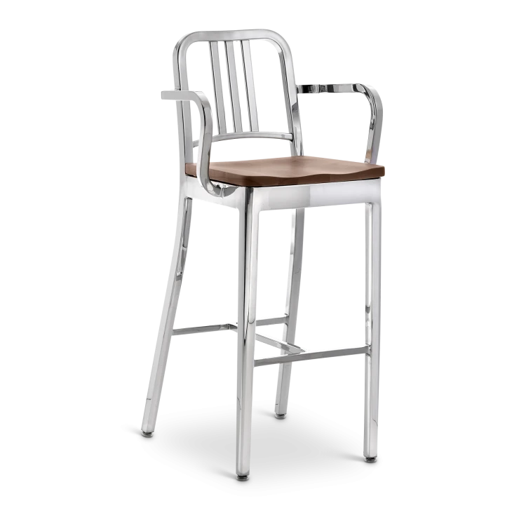 1104 Navy Barstool with Arms and Natural Wood Seat