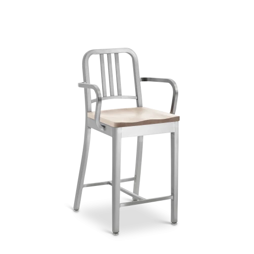 1104 Navy Counter Stool with Arms and Natural Wood Seat