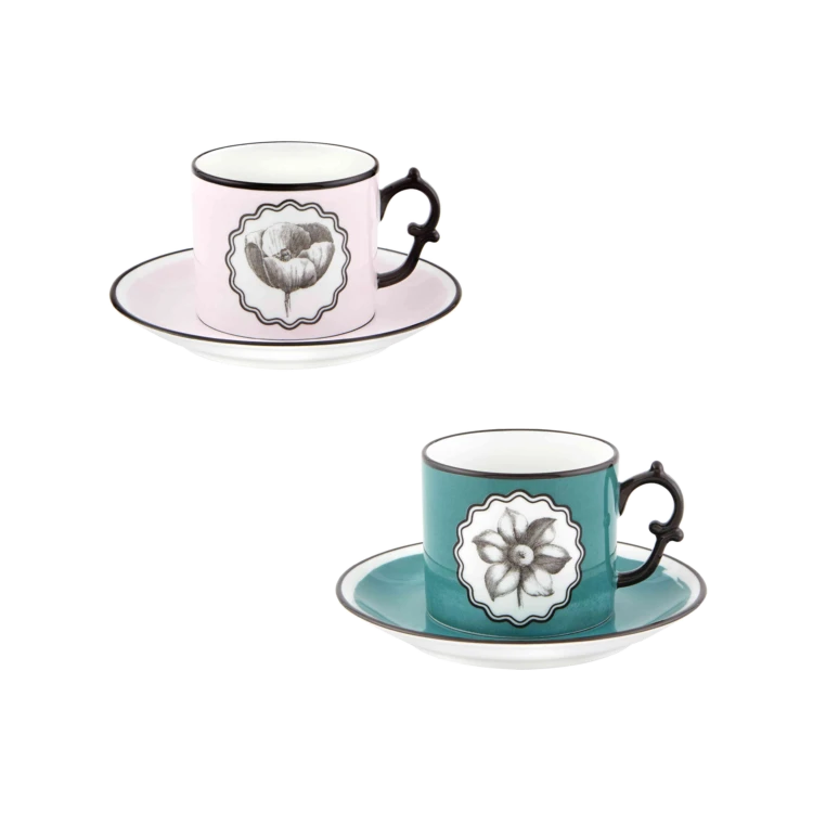 Herbariae Tea Cup and Saucer Set of 2, Pink and Peacock
